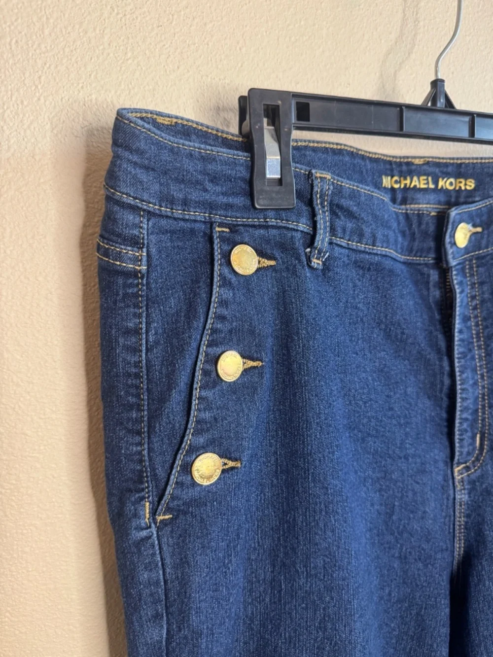 Michael Kors Women's Blue Sailor Button Jeans. Gold hardware. Size 16